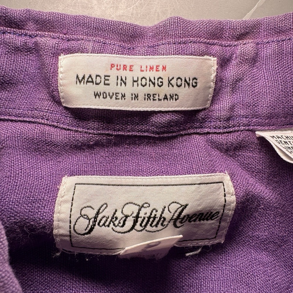 Vintage Saks Fifth Avenue Irish Linen Shirt Mens M Purple Short Sleeve Button Up